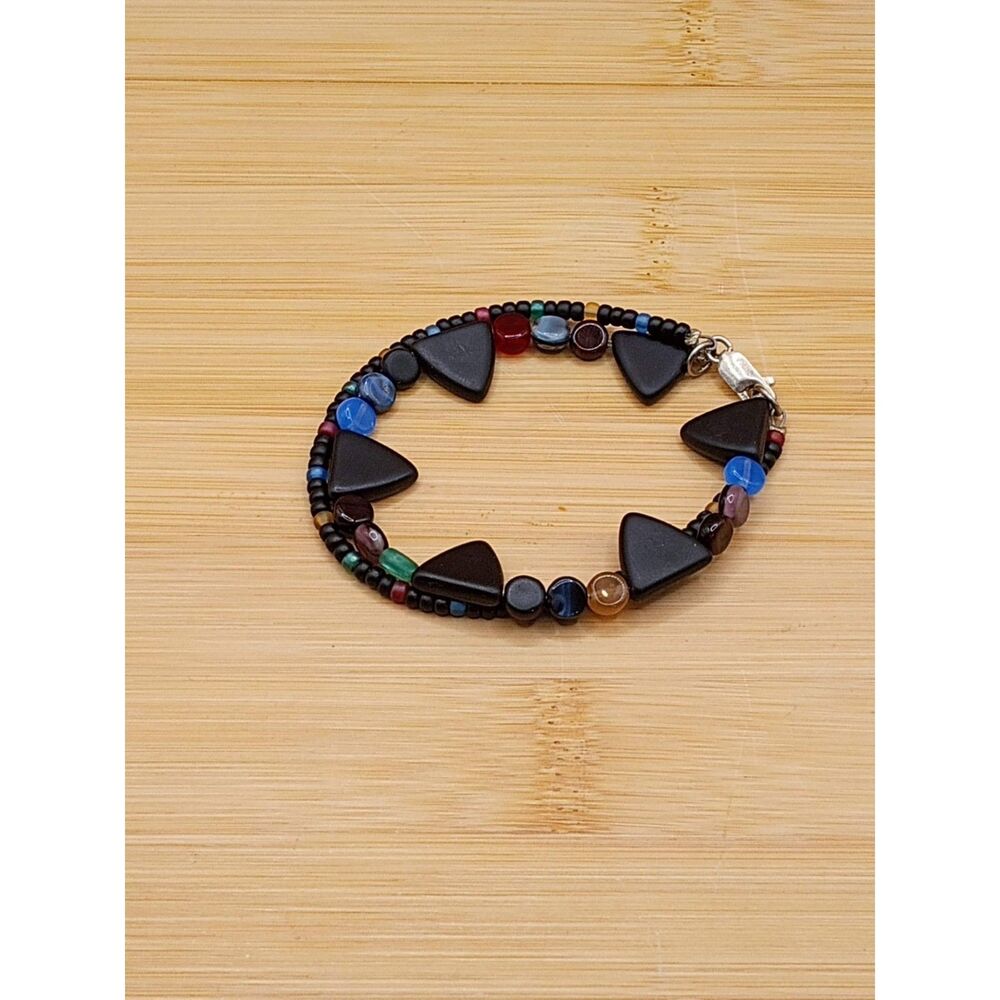 Vintage Black, Multicolor Double Strand Glass Triangle, Disc, Seed Bead Bracelet